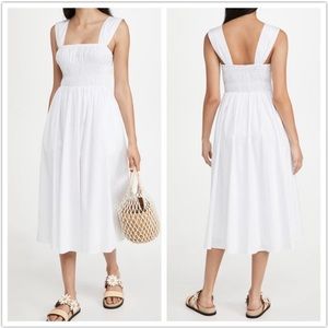 STAUD Ida Smocked White Poplin Cotton Midi Summer Dress XS NWT